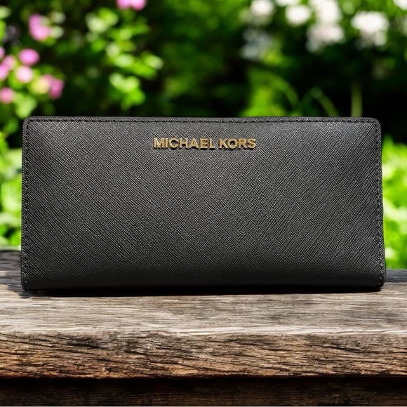 Michael Kors Handbags - Michael Kors Black Saffiano Leather Zip-Around Wallet with Gold Logo